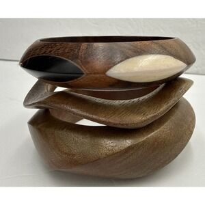 Set 3 Wood Bangle Bracelets Acacia Boho Carved Stack Natural Chunky Boho